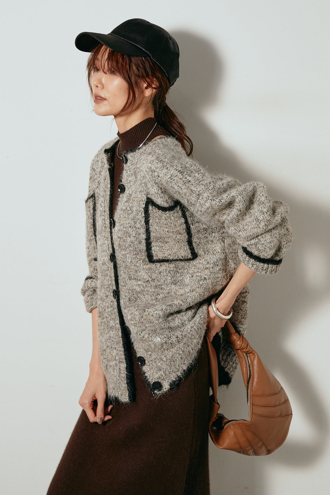 [SET]ミックスニットポケットカーディガン+ノースリーブニットロングワンピース(2set)