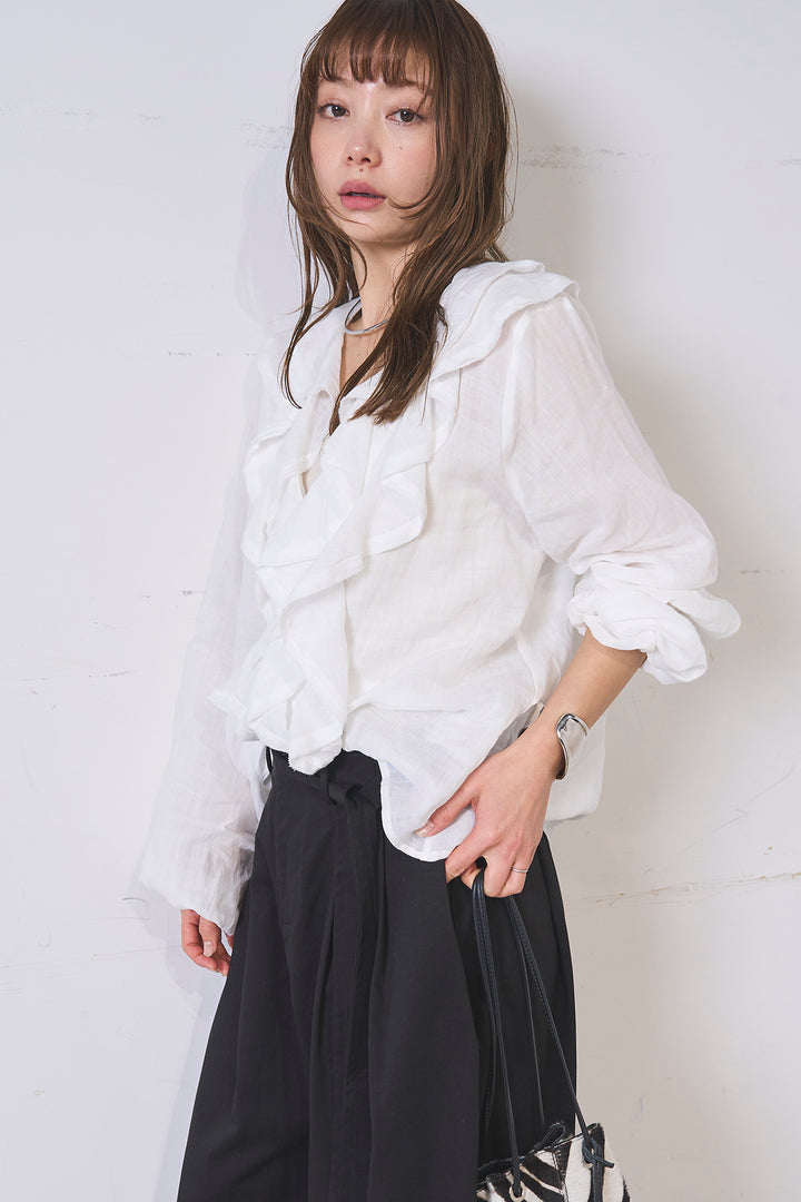 [SET]フリルボタンブラウス+紐ベルト付きカーブワイドパンツ(2set)