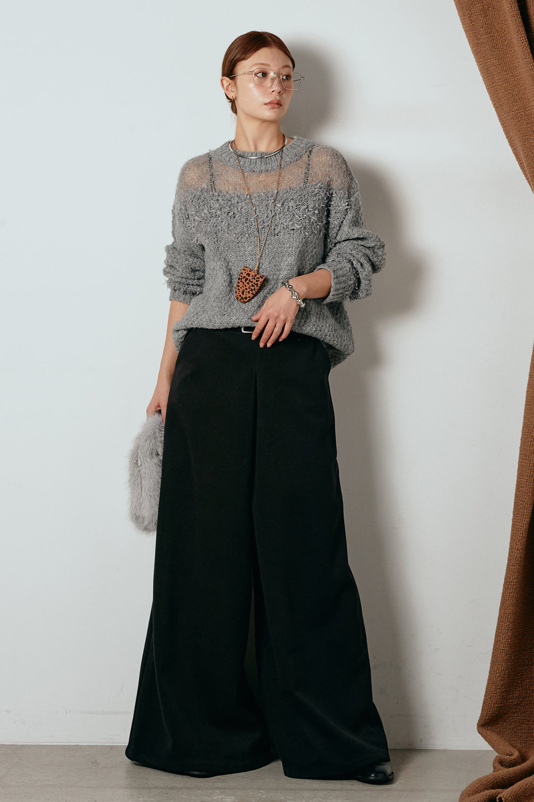 [SET]パターンランダム編みニットトップス+ベルト付きフロントタックデザインパンツ(2set)