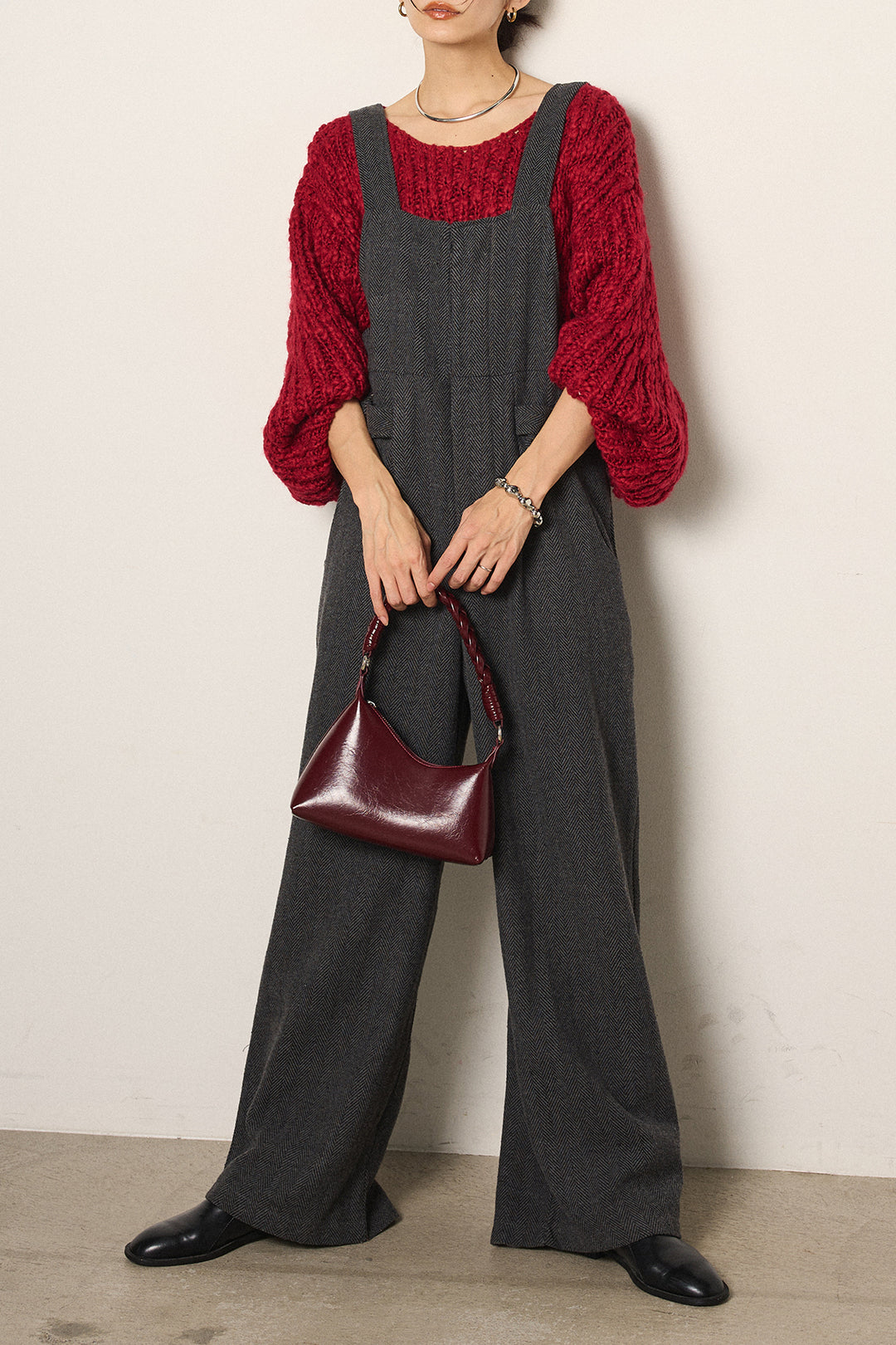 [SET]チャンキースラブニットクロップドプルオーバー+クラシックヘリンボーンサロペット(2set)