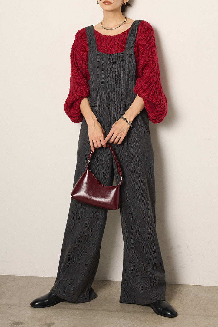 [SET]チャンキースラブニットクロップドプルオーバー+クラシックヘリンボーンサロペット(2set)