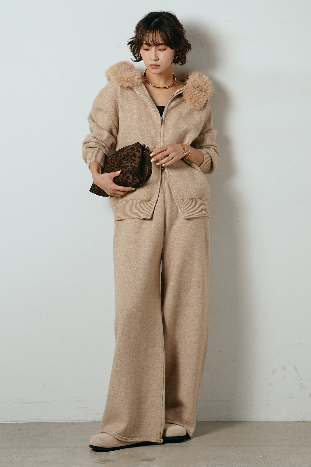 【着回しセット】[SET]ファー付きフーディーニットSETUP+ビッグカラーダブルジップニットSETUP(2set)