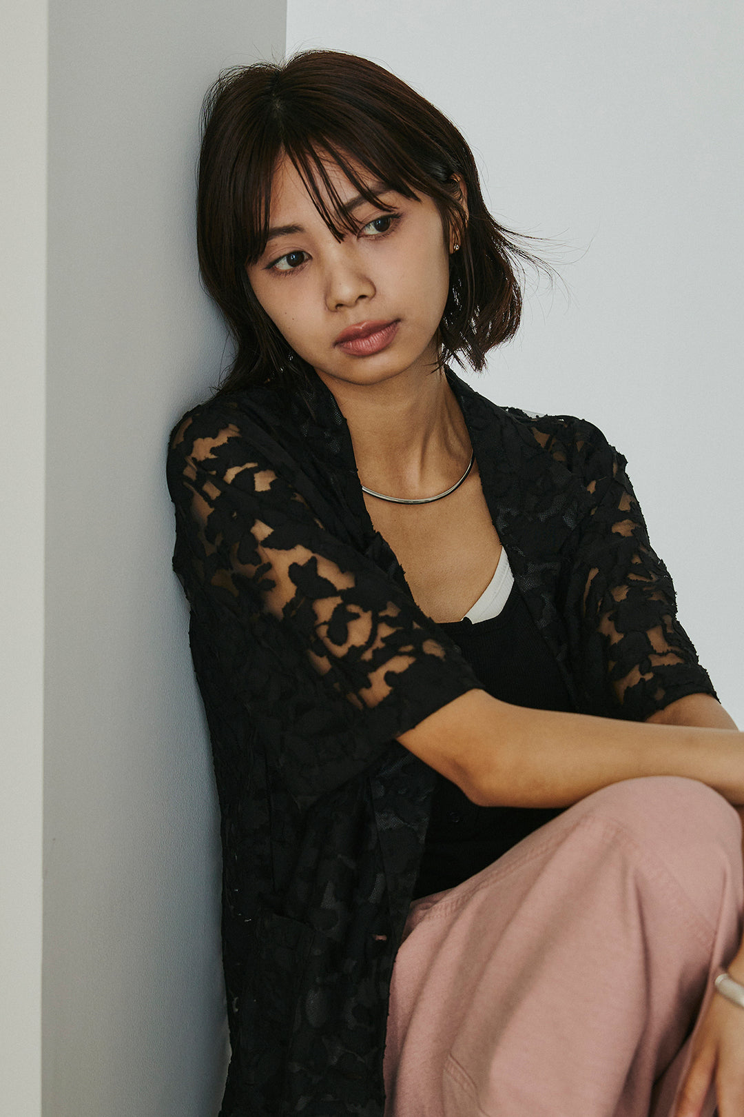 [SET]シアージャガードハーフスリーブテーラードジャケット+サイドベルトカーブワイドパンツ(2set)