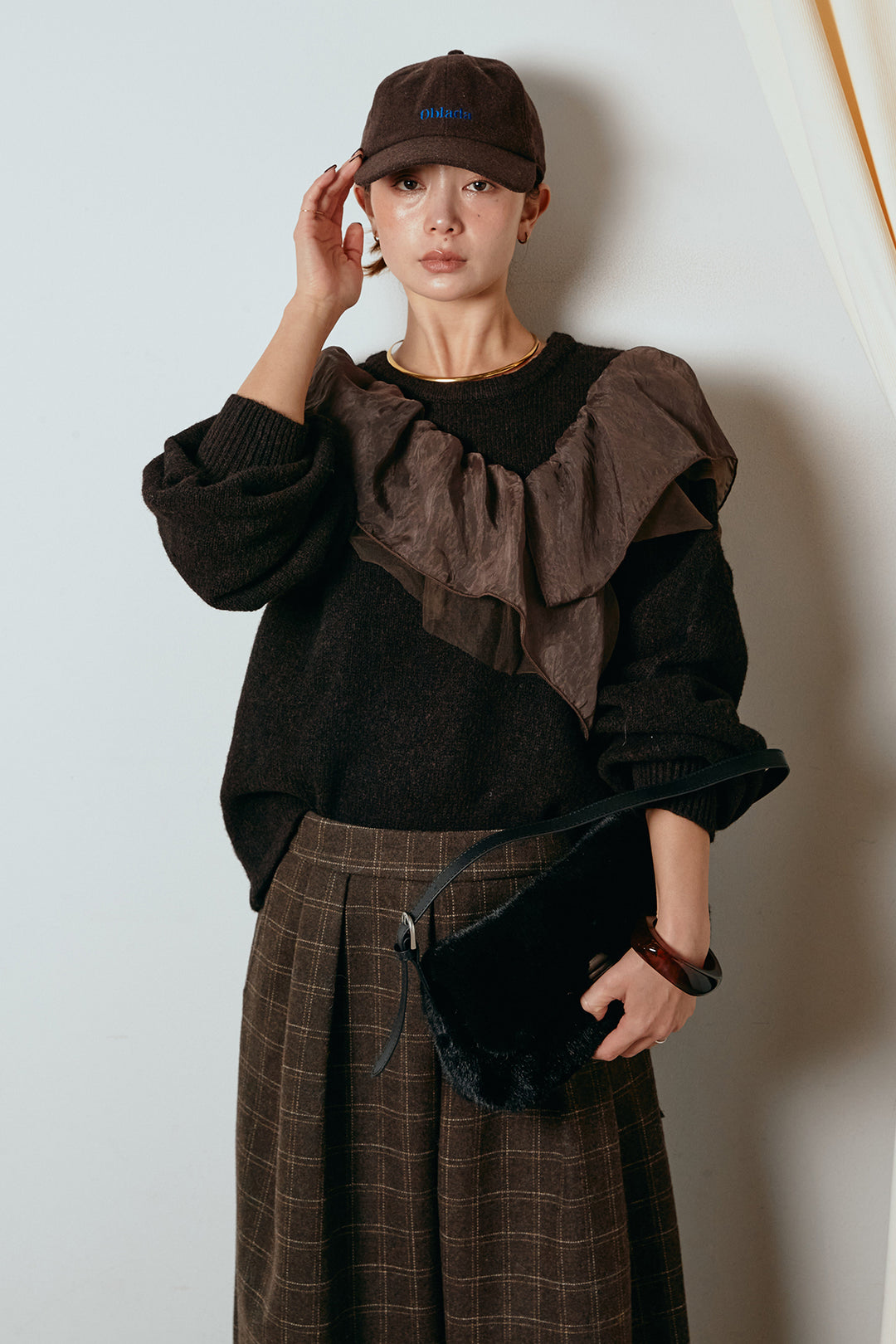 [SET]アシンメトリーフリルニットトップス+ウールライクチェックタックパンツ(2set)