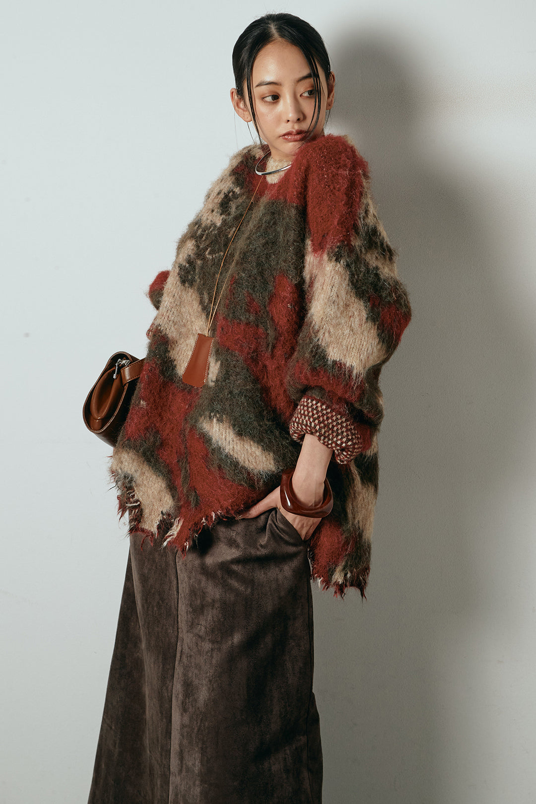 [SET]起毛裾デザインニュアンス柄ニットトップス+エコスウェードワイドスカート(2set)