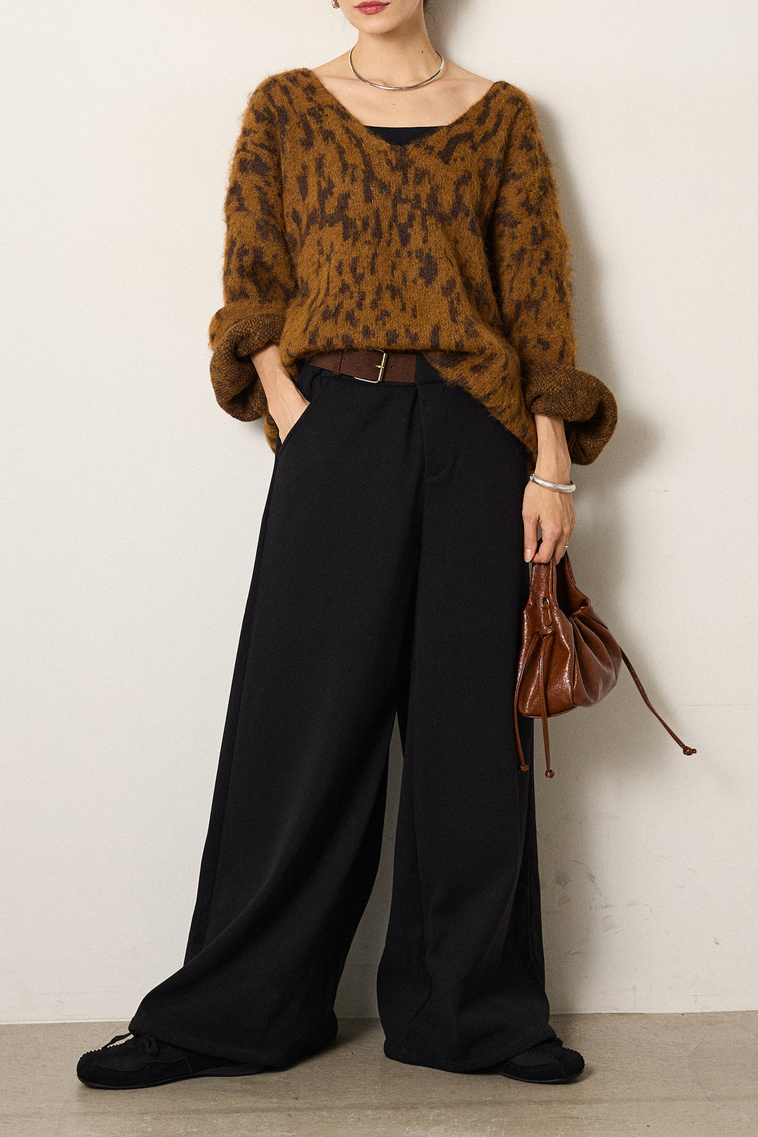 [SET]フラッフィーレオパードシャギーニット+サイドベルトパンツ(2set)