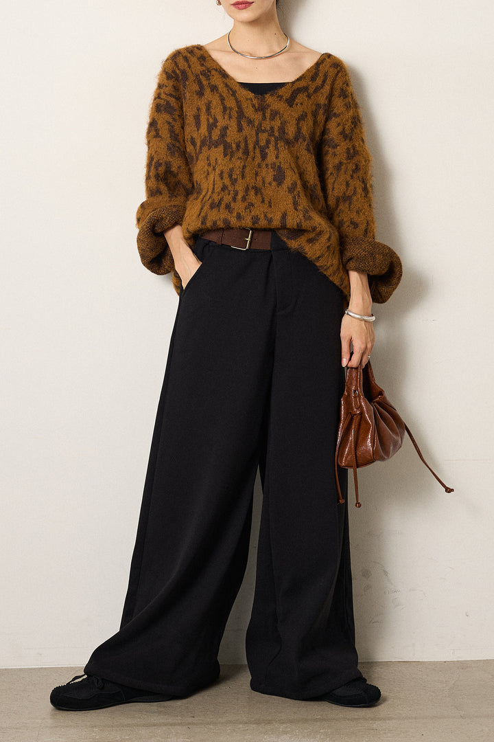 [SET]フラッフィーレオパードシャギーニット+サイドベルトパンツ(2set)