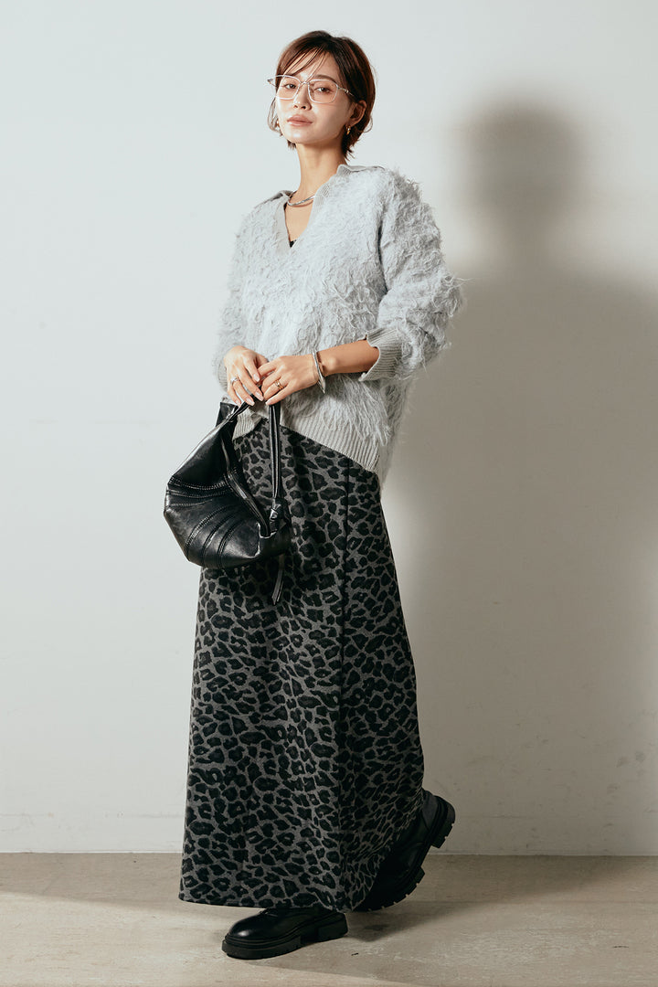 [SET]襟付きシャギーニットポロトップス+レオパードロングスカート(2set)