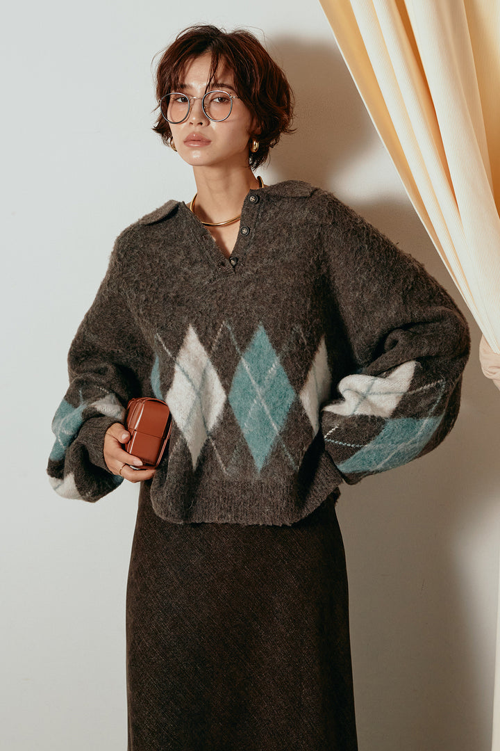 [SET]アーガイル柄ポロニットトップス+スウェードライクロングスカート(2set)