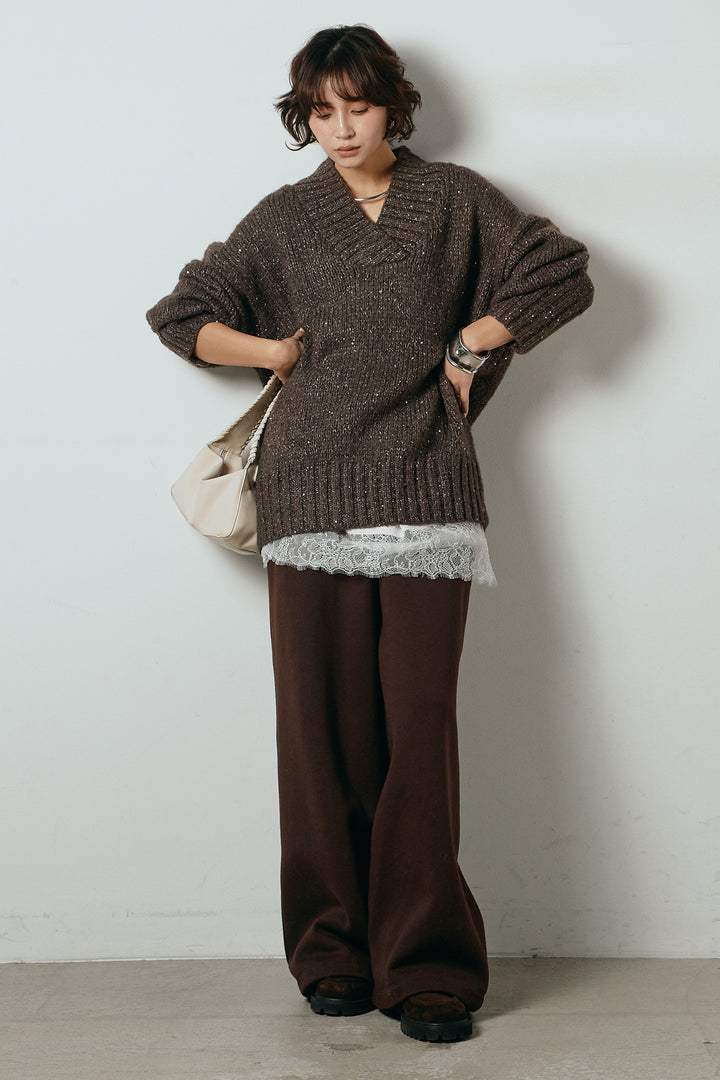 [SET]Vネックラメニットトップス+裏起毛スウェットワイドパンツ(2set)