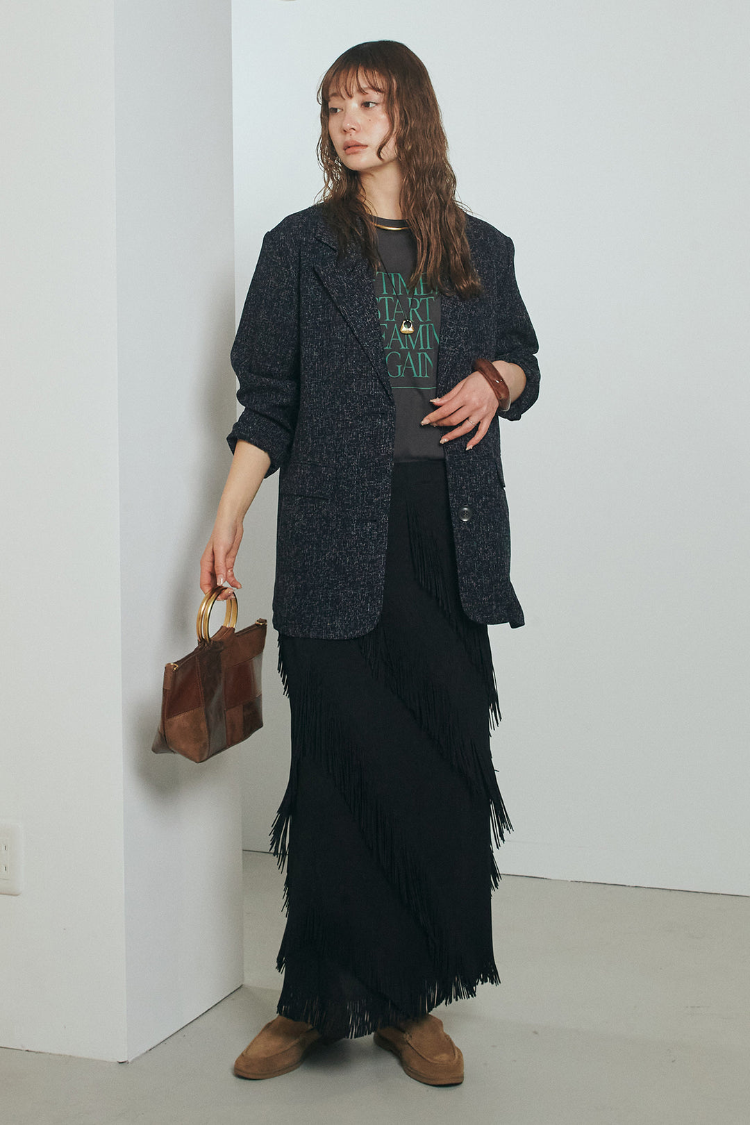 [SET]ミックスツイードベルト付きジャケット+斜めフリンジデザインスカート(2set)