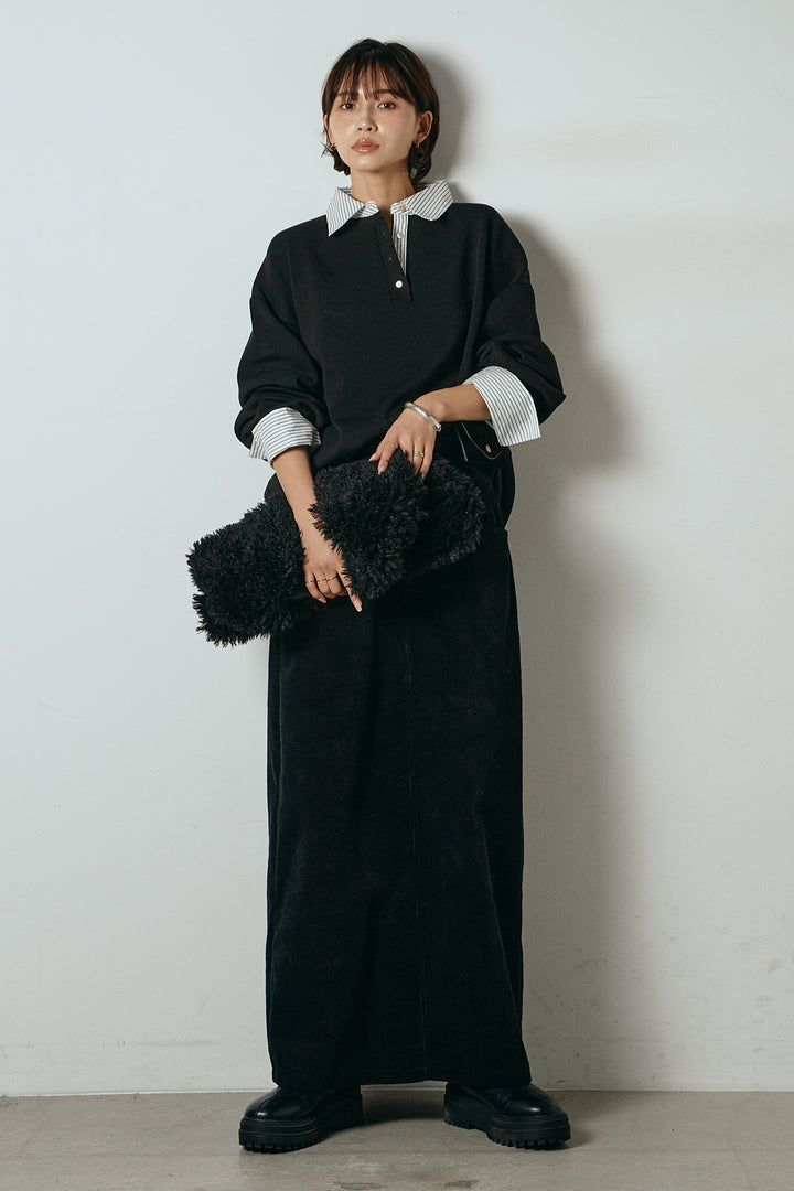 [SET]ストライプシャツドッキングポロトップス+ポーチベルト付きコーデュロイワイドスカート(2set)