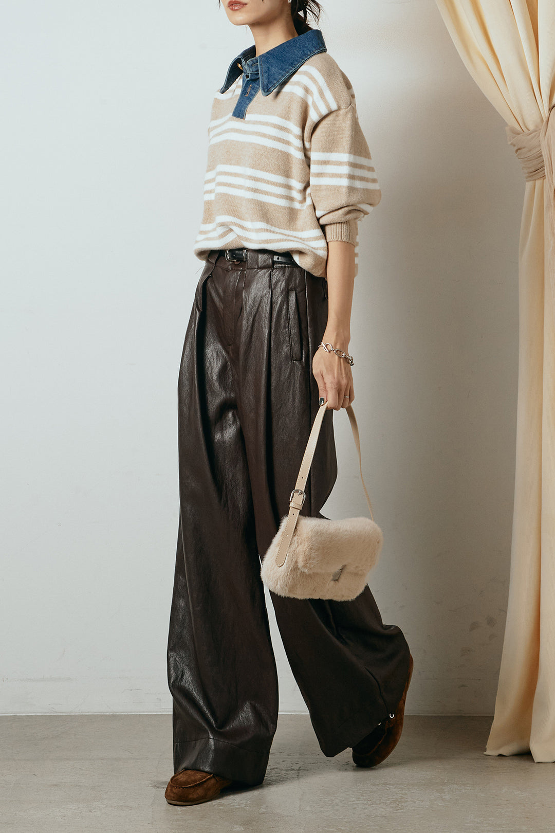 [SET]デニムレイヤード風ランダムボーダーニットプルオーバー+ベルト付きレザーライクタックパンツ(2set)