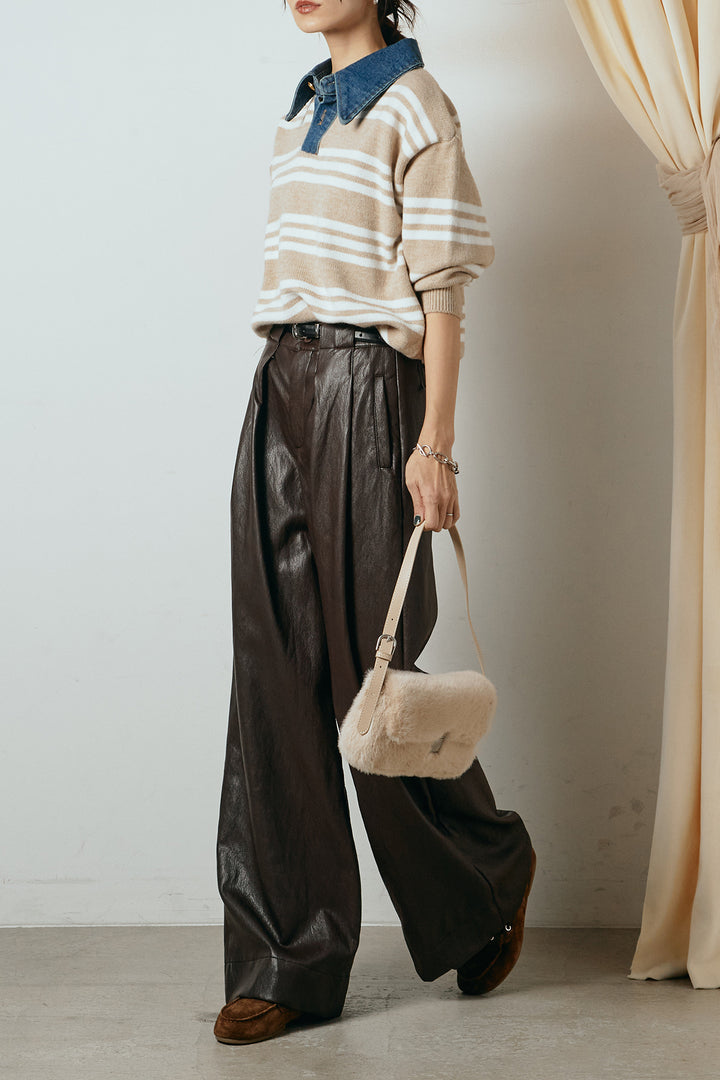 [SET]デニムレイヤード風ランダムボーダーニットプルオーバー+ベルト付きレザーライクタックパンツ(2set)