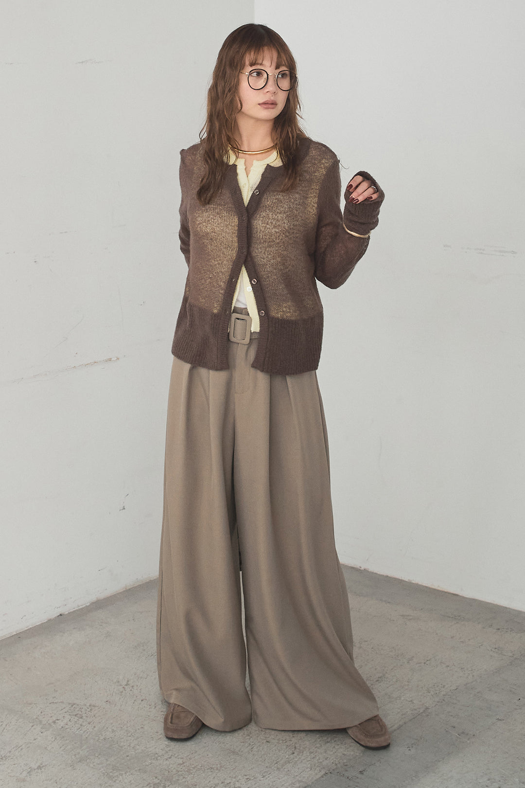 [SET]モヘア透かし編みレイヤードアンサンブルセット+ベルト付きツータックワイドパンツ(2set)