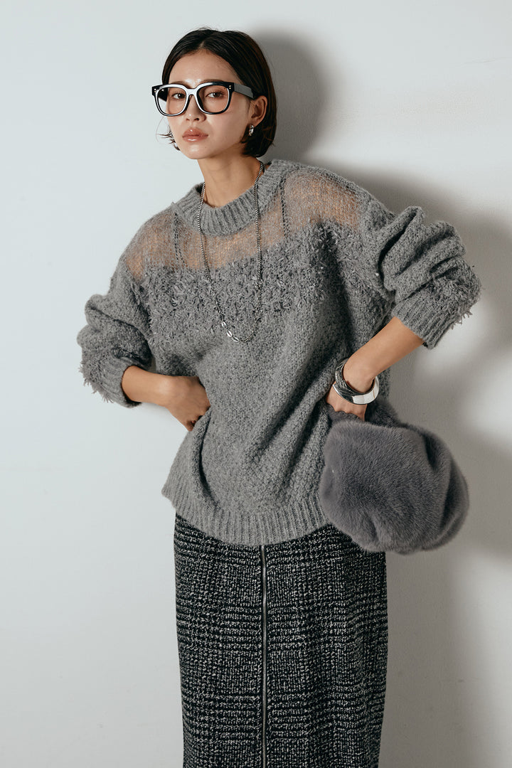 [SET]パターンランダム編みニットトップス+グレンチェック柄フロントジップタイトスカート(2set)