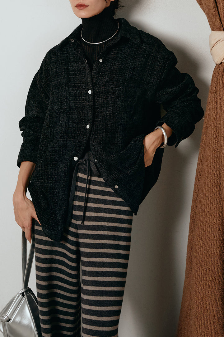 [SET]ルーズクラッシュツイルシャツ+ボーダーリラックスニットパンツ(2set)