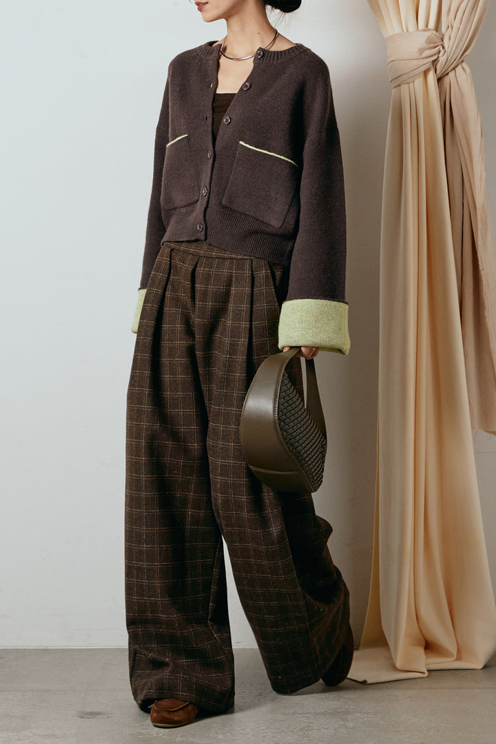 [SET]アルパカタッチダブルフェイスカーディガン+ウールライクチェックタックパンツ(2set)