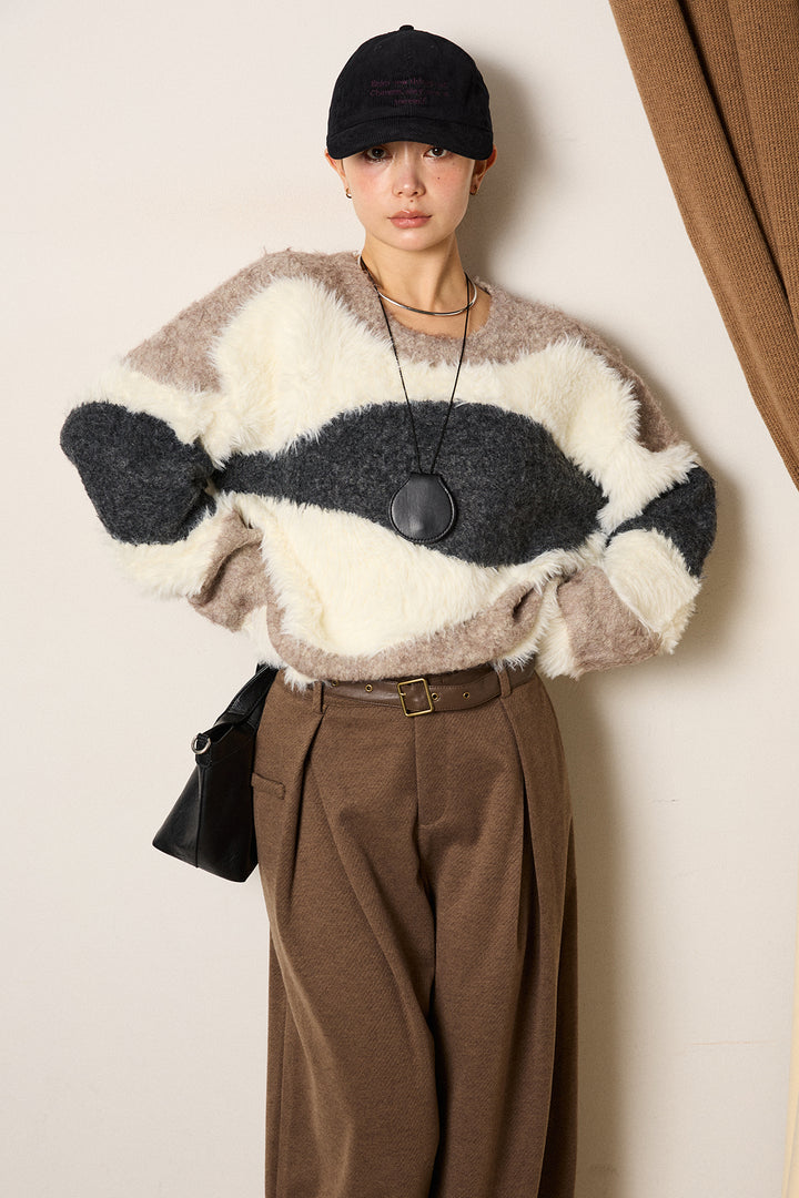 [SET]シャギーウェーブ柄クルーネックニットトップス+細ベルト付き起毛タックワイドパンツ(2set)