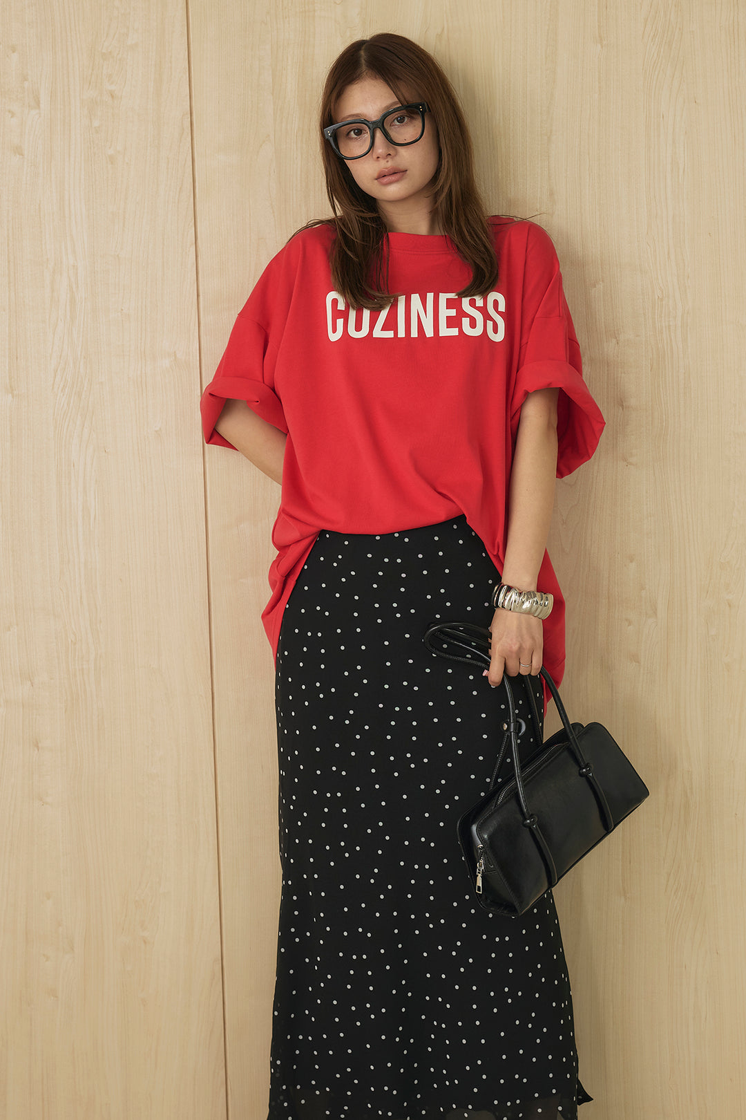 [SET]プリントロゴチュニックTシャツ+ドットサテンナロースカート(2set)