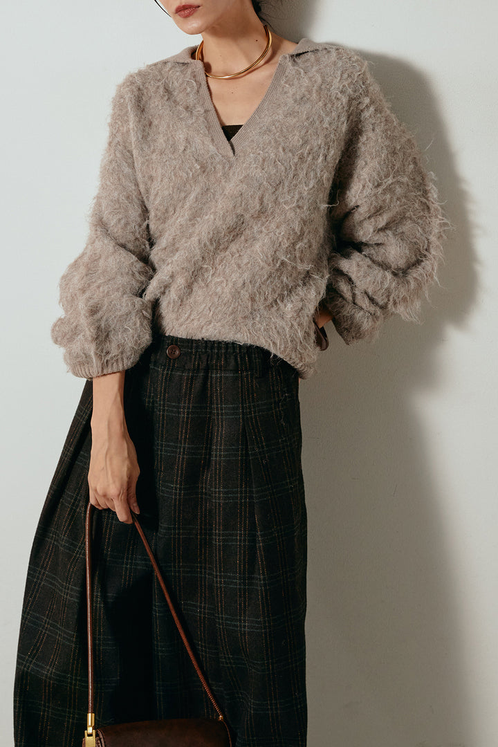 [SET]襟付きシャギーニットポロトップス+タータンチェック柄タックパンツ(2set)