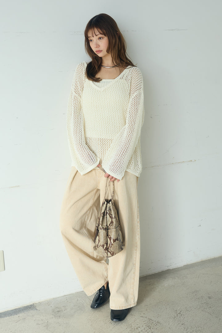 [SET]メッシュ編みビスチェセットVネックプルオーバー+カラーデニムタックカーブパンツ(2set)