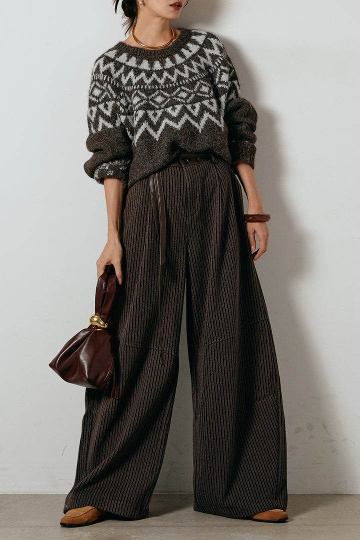 [SET]ノルディック柄Uネックプルオーバー+レザーライク配色ストライプパンツ(2set)