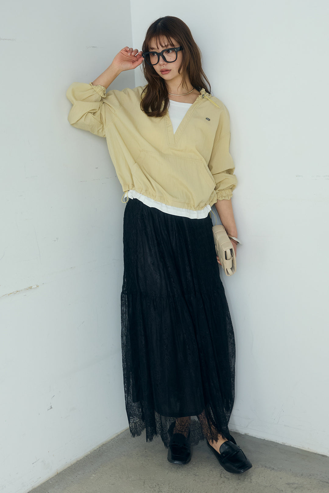 [SET]レイヤードデザインフーディートップス+ひげレース切替ロング丈スカート(2set)