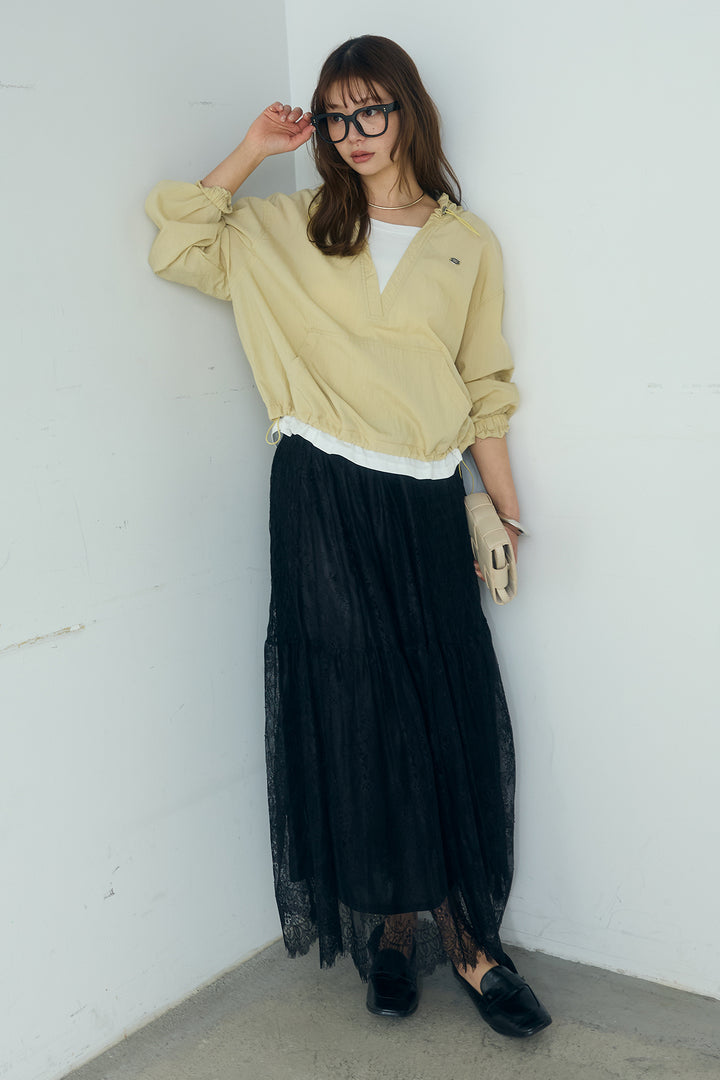 [SET]レイヤードデザインフーディートップス+ひげレース切替ロング丈スカート(2set)