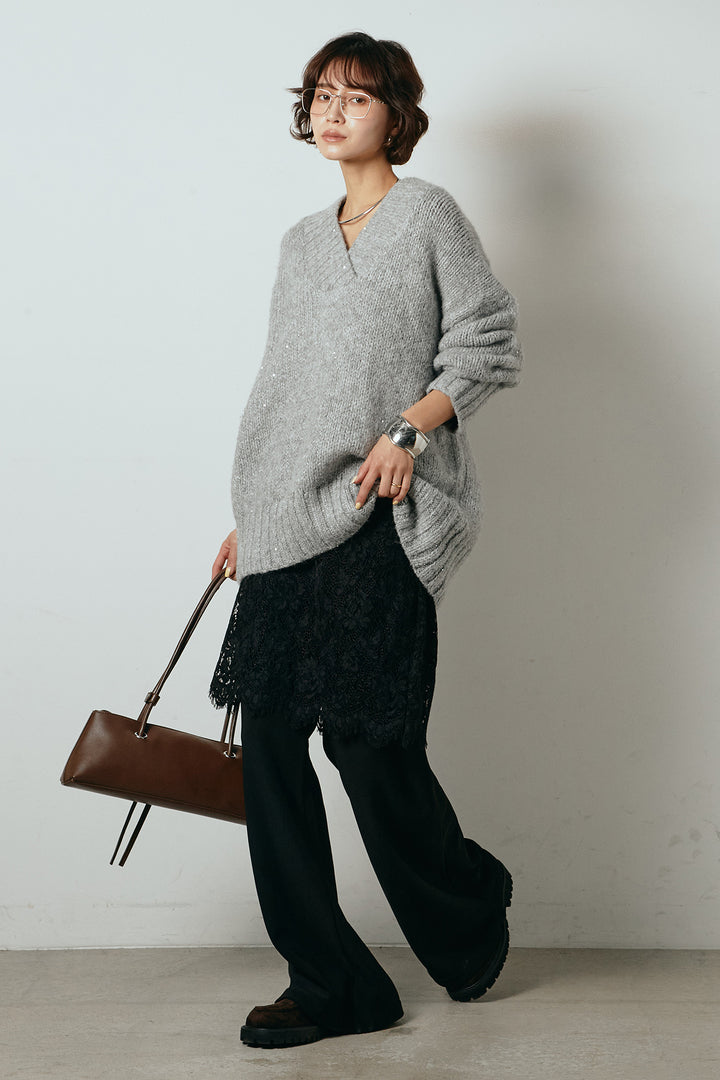 [SET]Vネックラメニットトップス+レース刺繍レイヤードフレアパンツ(2set)