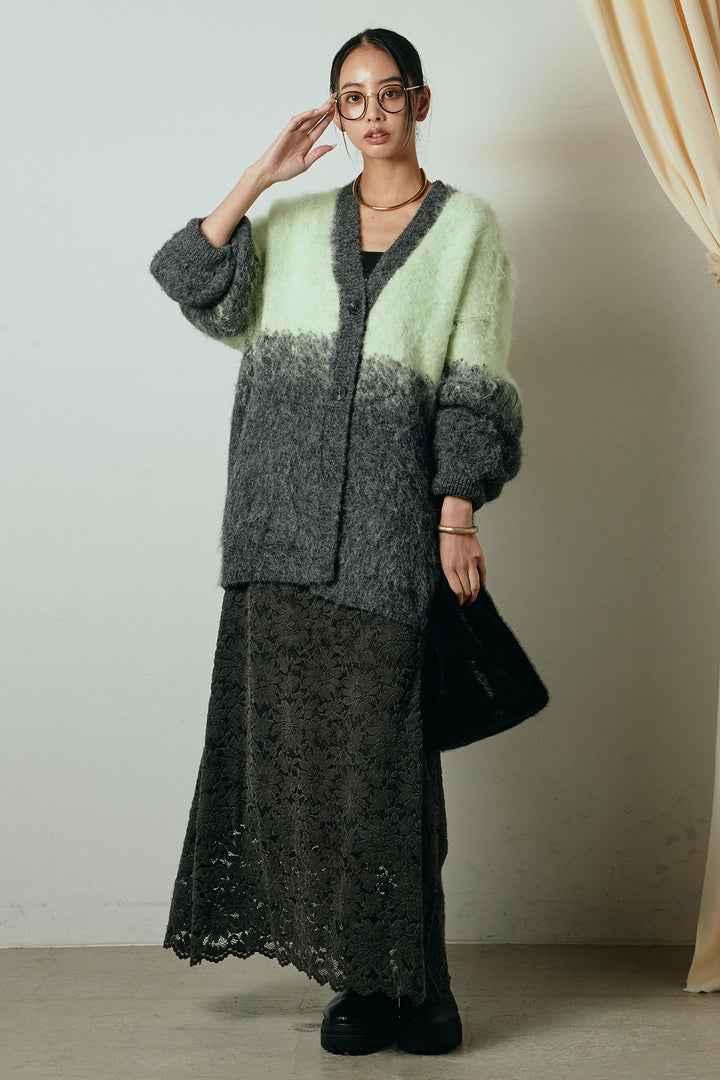 [SET]起毛グラデーションニットカーディガン+花柄刺繍ベロアフレアスカート(2set)