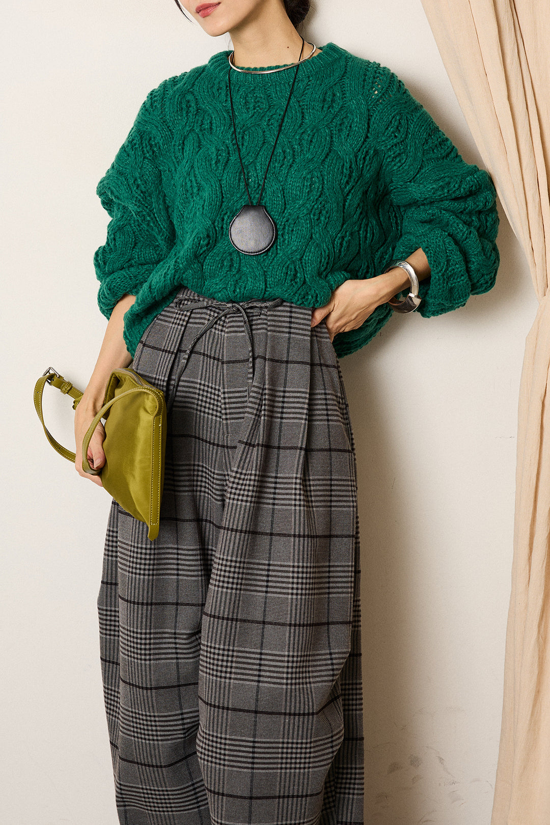 [SET]ケーブルリラックスショートニット+グレンチェックルーズタックパンツ(2set)