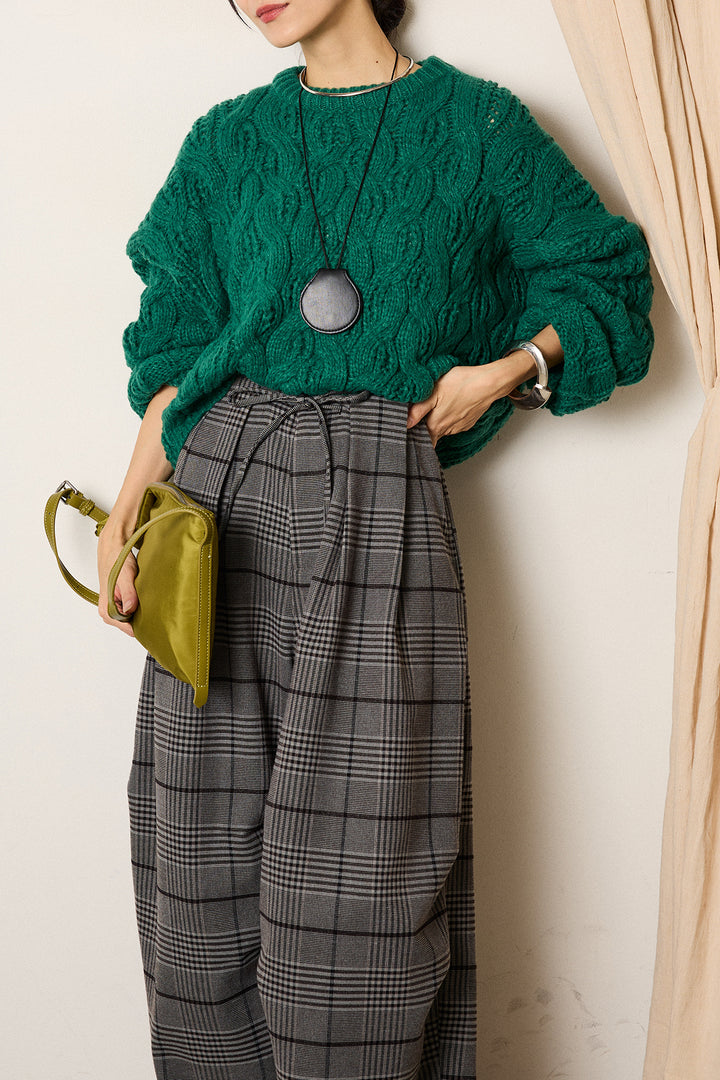 [SET]ケーブルリラックスショートニット+グレンチェックルーズタックパンツ(2set)