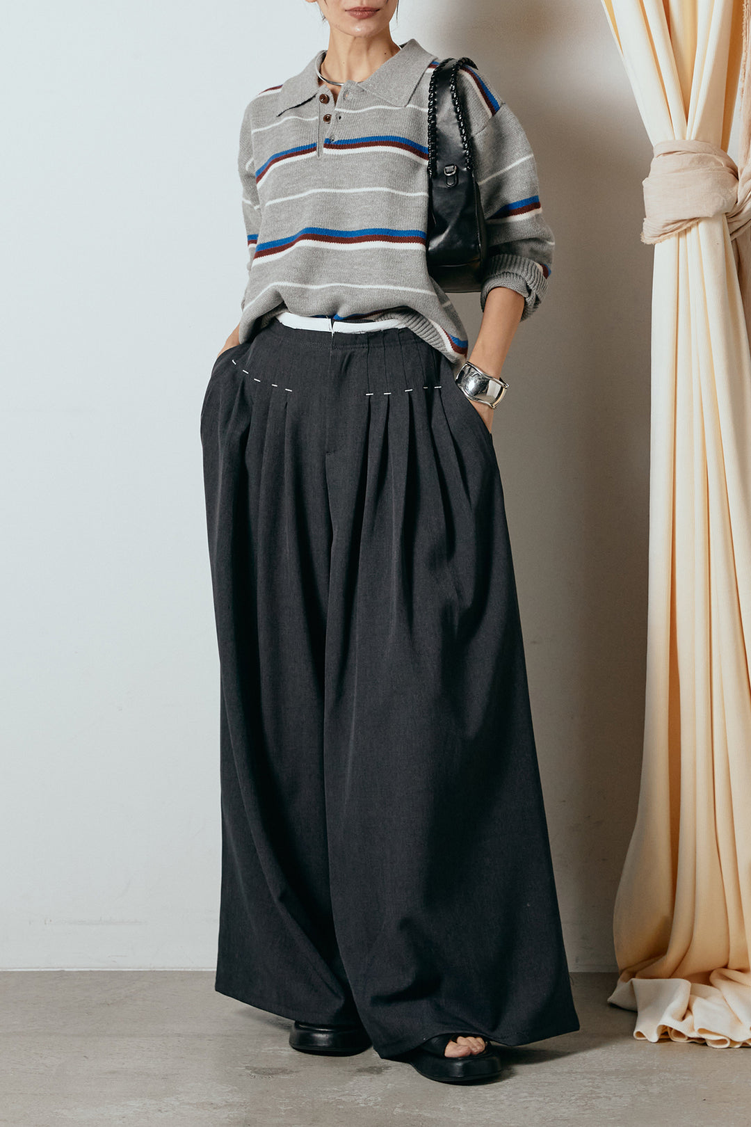 [SET]襟付きマルチボーダーニットポロトップス+ウエストステッチデザインワイドスラックス(2set)