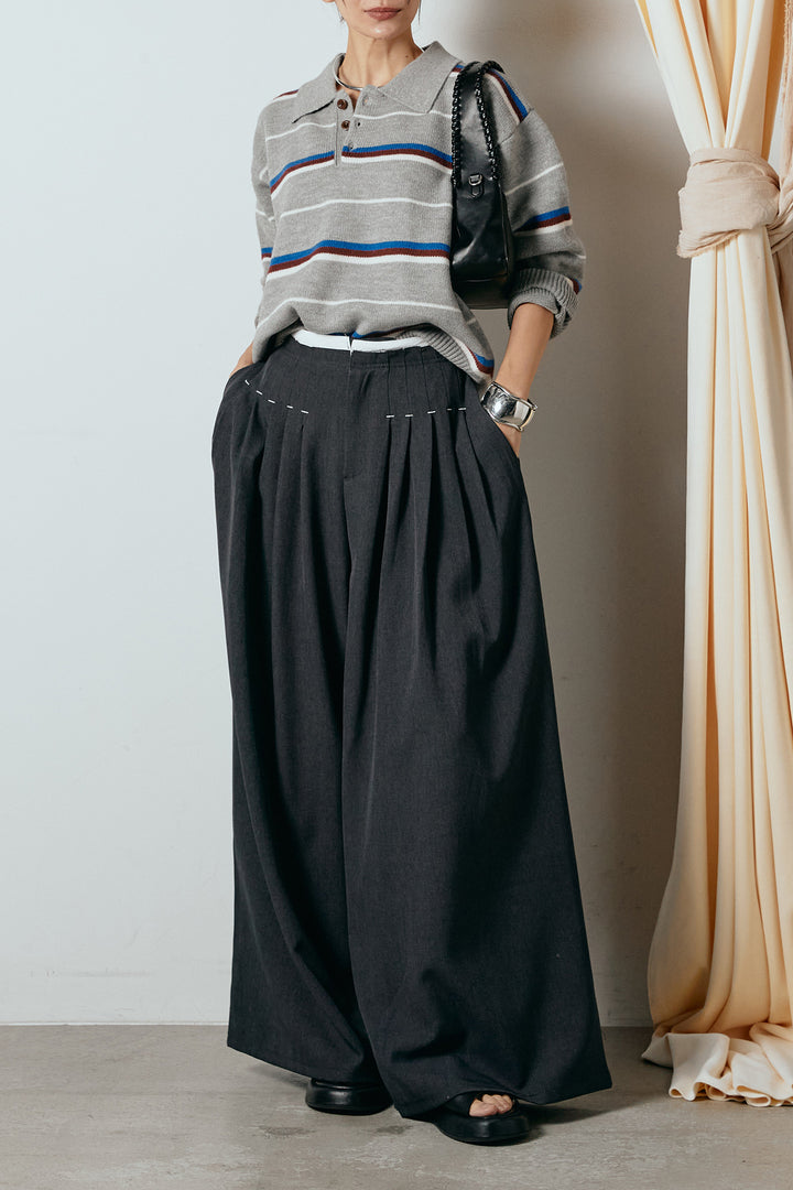 [SET]襟付きマルチボーダーニットポロトップス+ウエストステッチデザインワイドスラックス(2set)