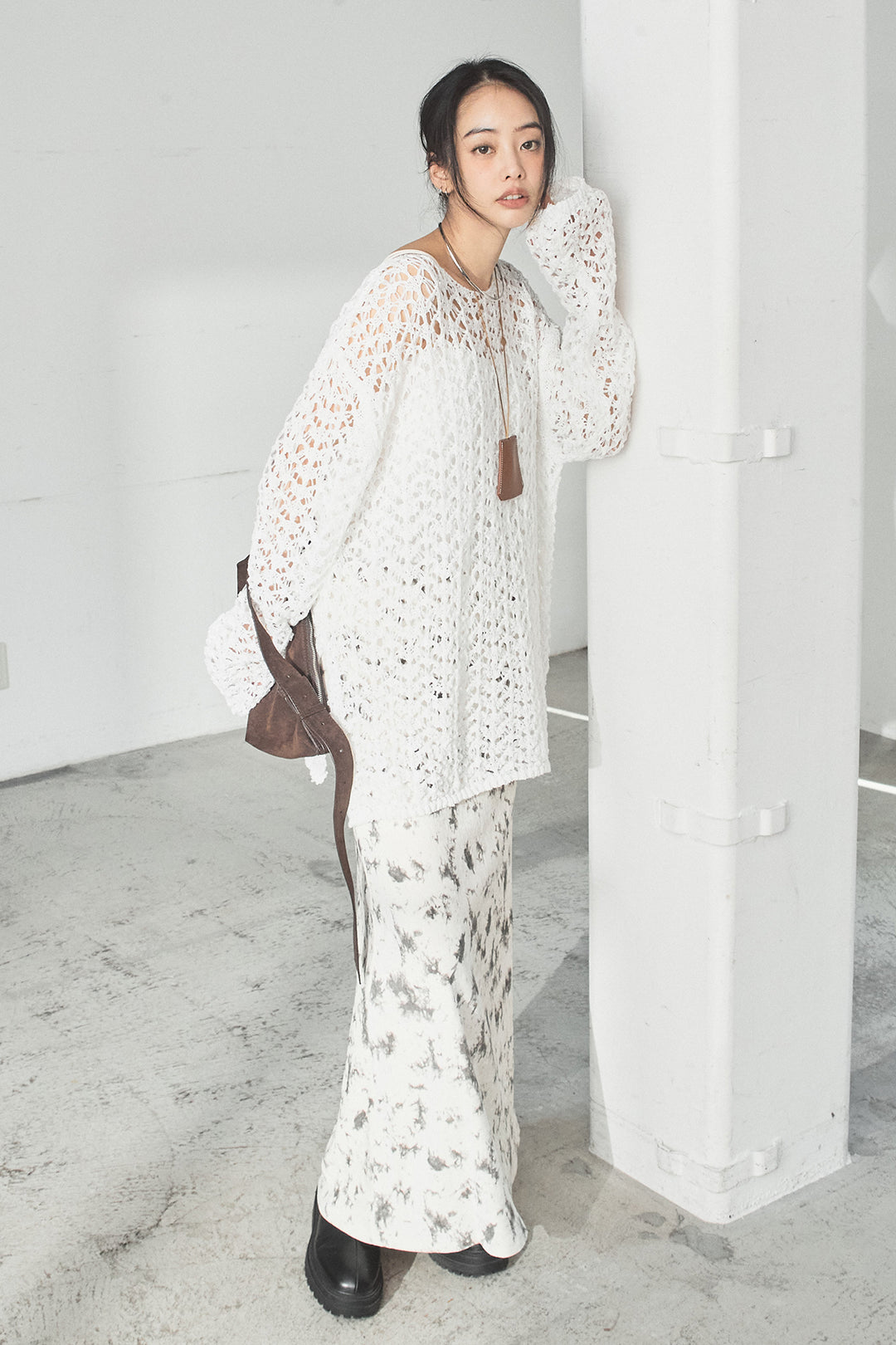 [SET]リラックスメッシュニットトップス+タイダイ柄ベロアワイドスカート(2set)