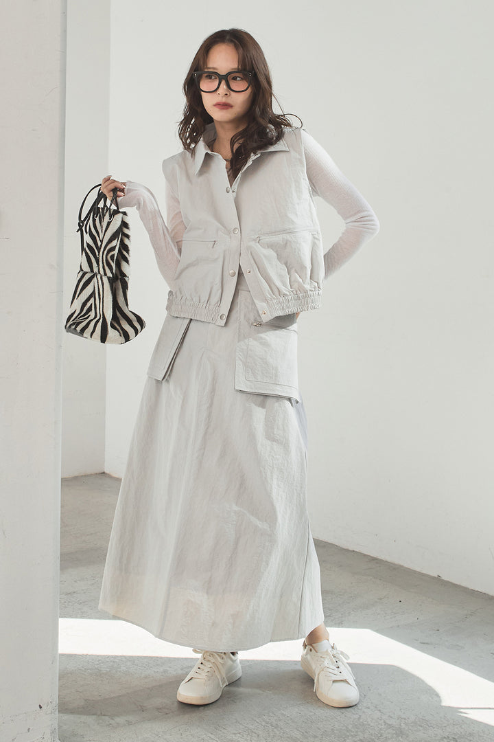 [SET]襟付きナイロンベスト+サイドデザインナイロンスカート+リブシアークルーネック長袖トップス(3set)