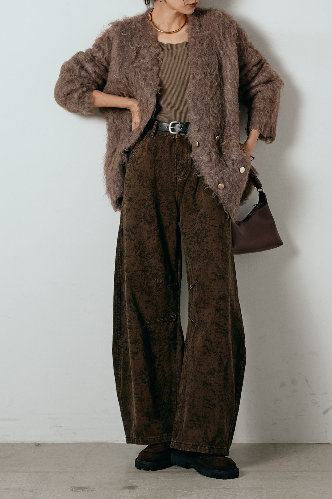 [SET]ウェーブシャギーニットジャケット+ベルト付きニュアンス柄カーブワイドパンツ(2set)