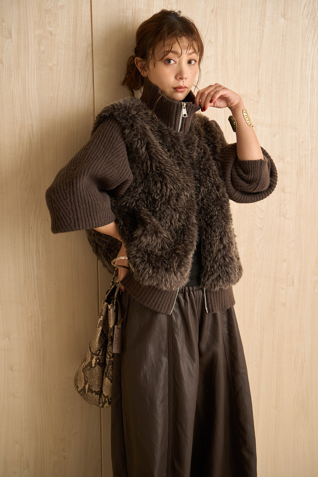 [SET]ファーコンビニットジップブルゾン+フェイクレザーカーブワイドパンツ(2set)
