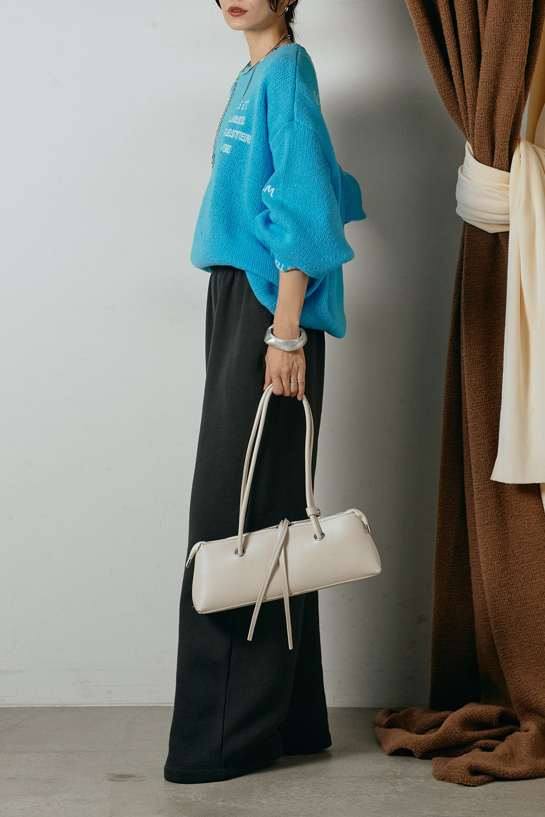 [SET]刺繍ロゴランダムデザインニットトップス+裏起毛スウェットワイドパンツ(2set)