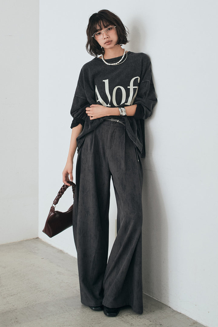 [SET]裾センタードロストロゴプリントワイドTシャツ+紐ベルト付きかすれ柄ワイドスラックス(2set)