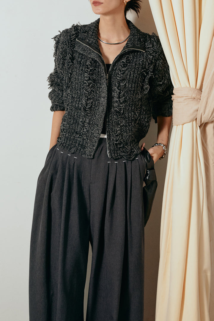 [SET]ハイネックフリンジジップニットトップス+ウエストステッチデザインワイドスラックス(2set)