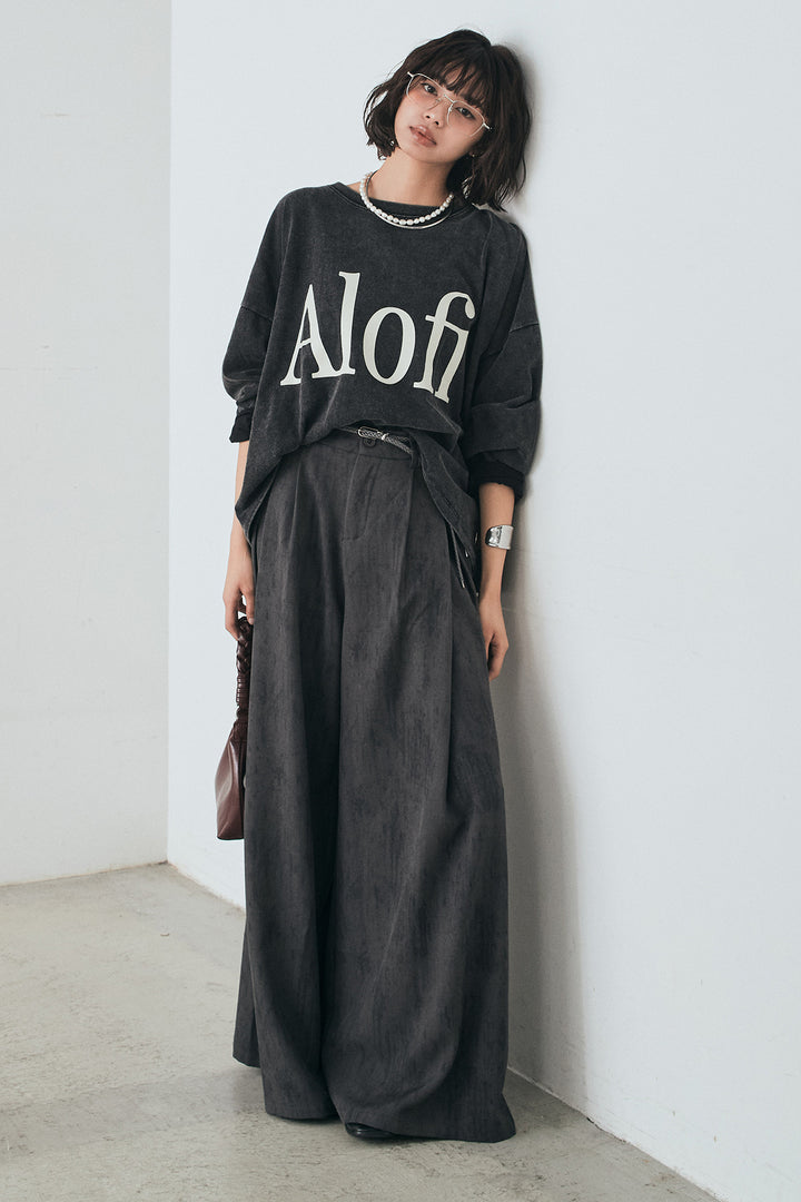 [SET]裾センタードロストロゴプリントワイドTシャツ+紐ベルト付きかすれ柄ワイドスラックス(2set)