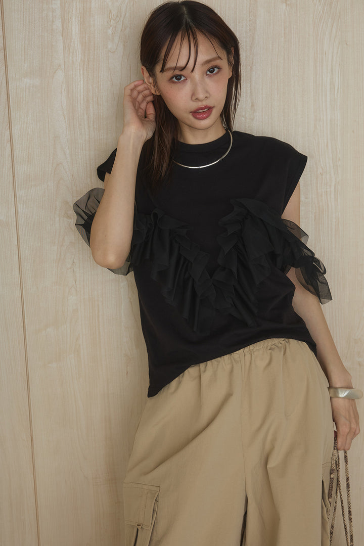[SET]チュールフリルフレンチTシャツ+ルーズカーゴワイドパンツ(2set)