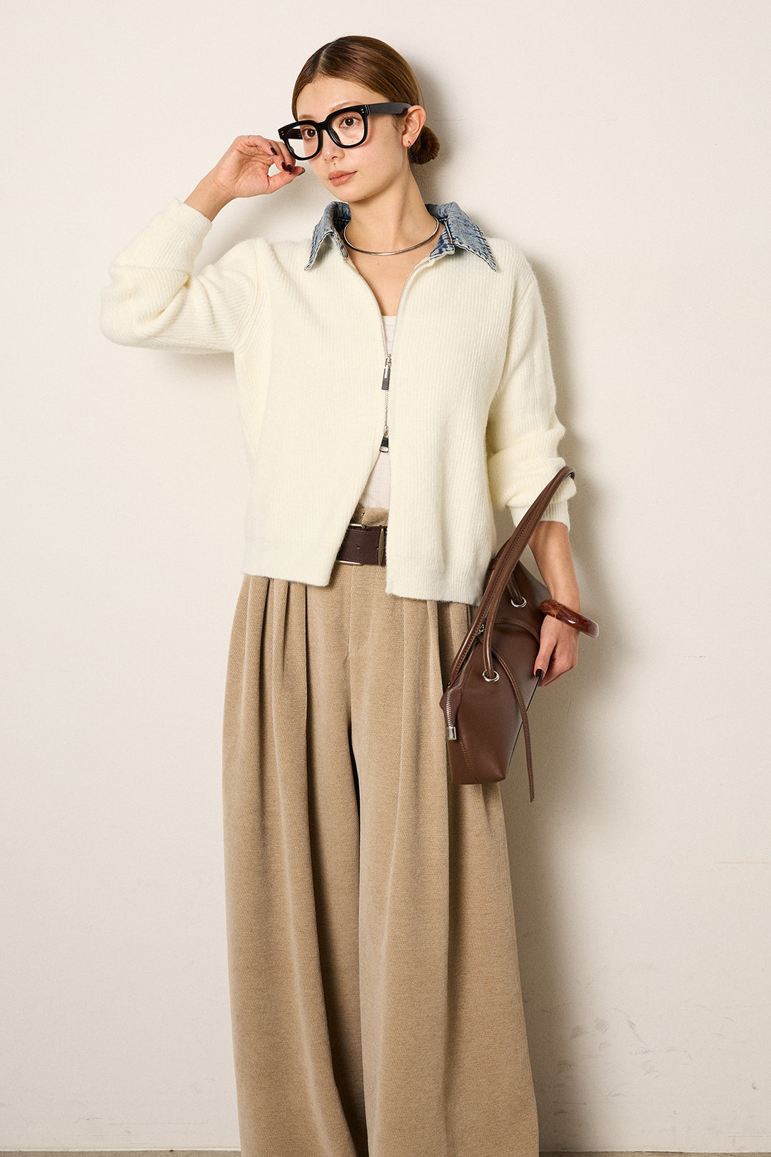 [SET]デニム襟ダブルジップニットトップス+ベルトループコーデュロイワイドパンツ(2set)