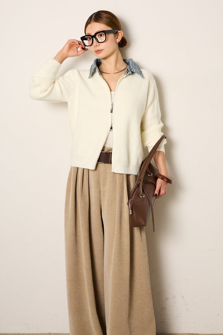 [SET]デニム襟ダブルジップニットトップス+ベルトループコーデュロイワイドパンツ(2set)