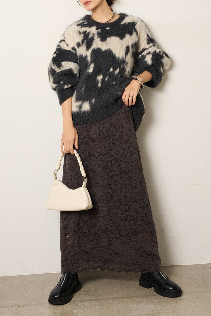 [SET]モヘアタッチマーブルニット+花柄刺繍ベロアフレアスカート(2set)