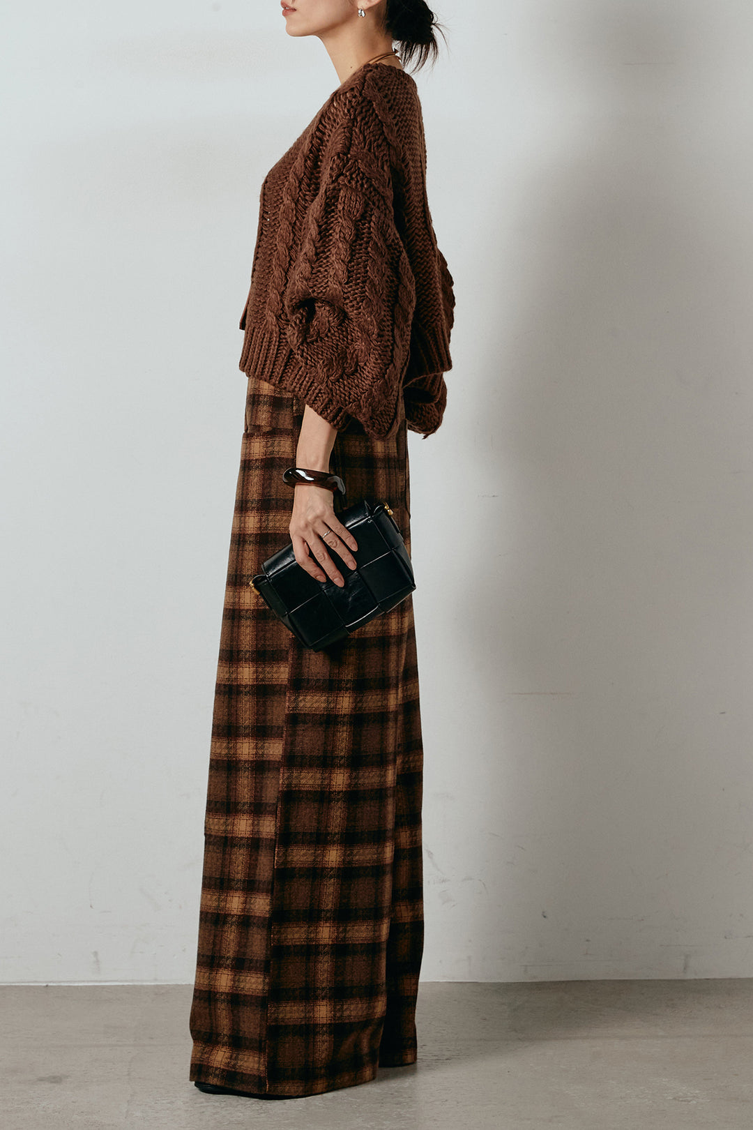 [SET]ロービングケーブルショート丈プルオーバー+ルーズタータンチェックワイドパンツ(2set)