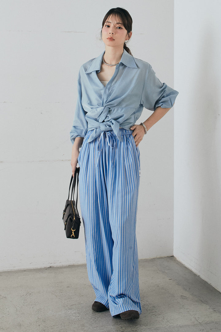 [SET]裾巻きツイストデザインシャツ+レーヨンストライプイージーワイドパンツ(2set)