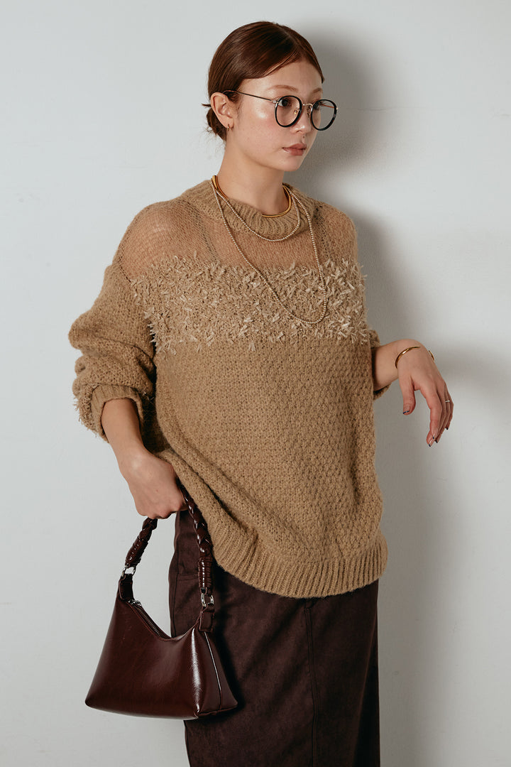 [SET]パターンランダム編みニットトップス+スウェードライク裾フリンジスカート(2set)